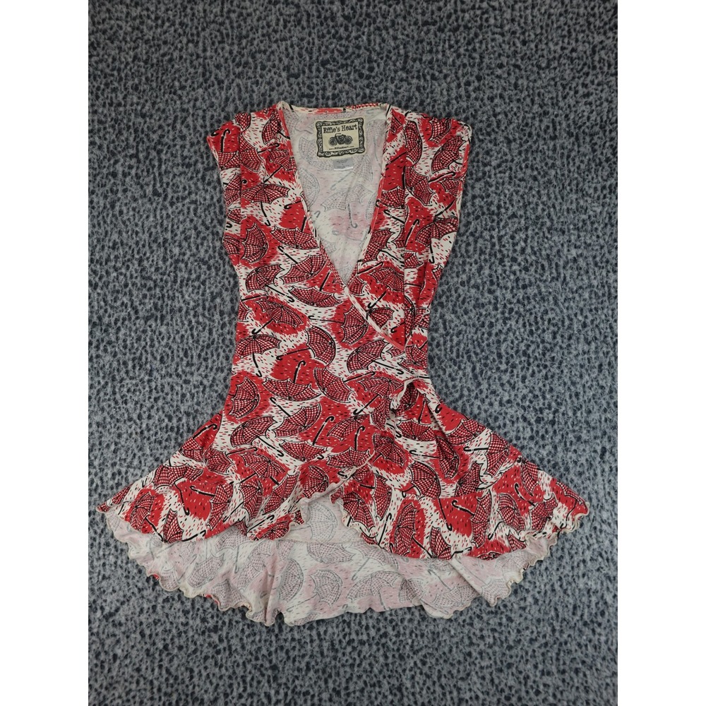 Effie's Heart Wrap Top Womens S Red Umbrella Print Ruffle Peplum Sleeveless
